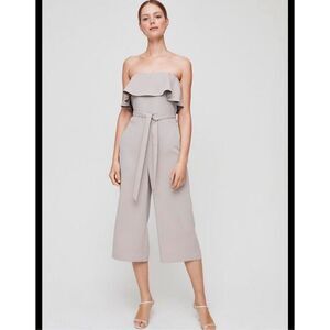 Babaton Romper Size 4 Nude Cropped Off Shoulder Wide Leg Sleeveless Romper Ruffl